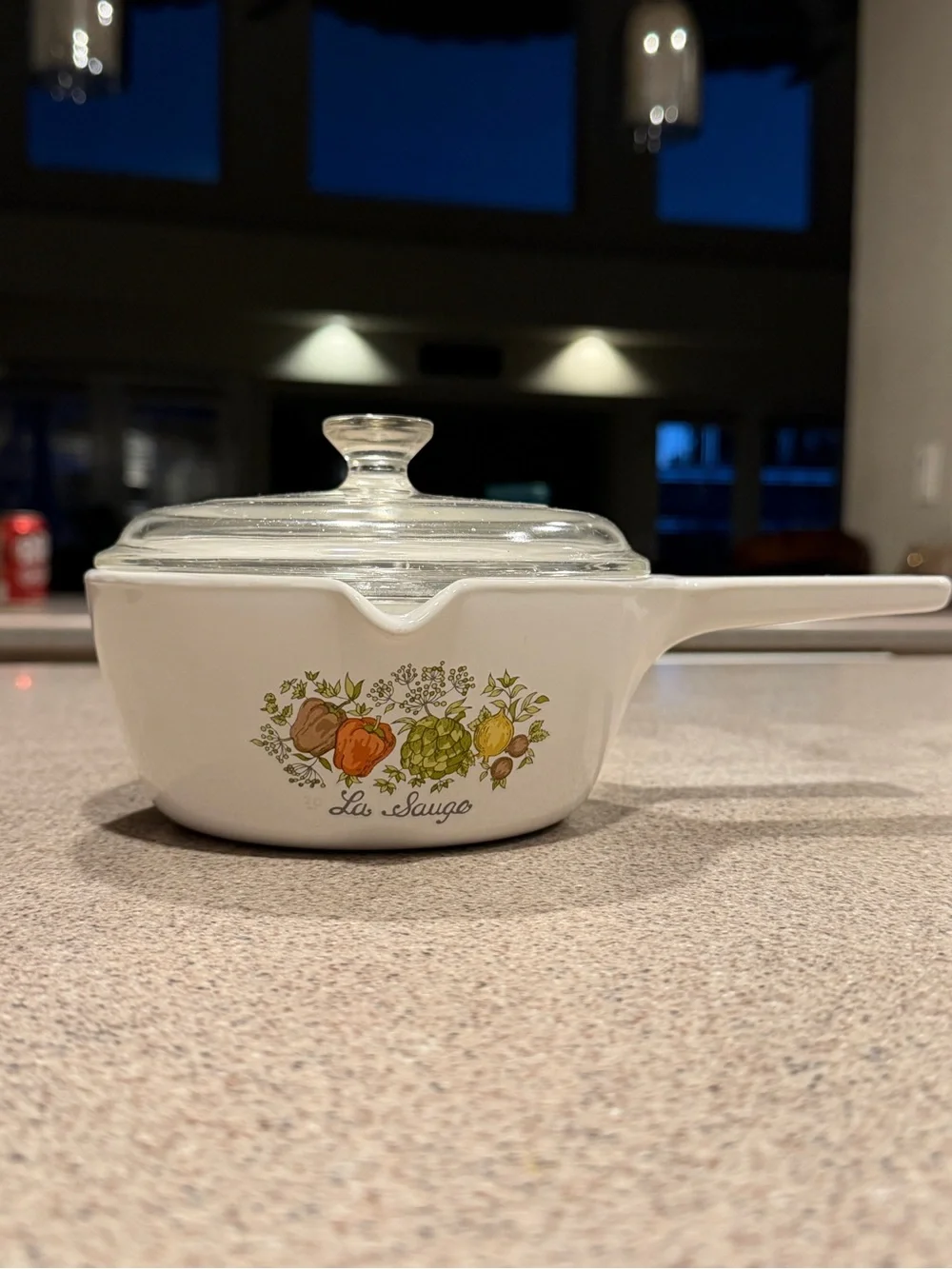 White Ceramic Saucepan with Clear Glass Lid and Harvest Vegetable Decal